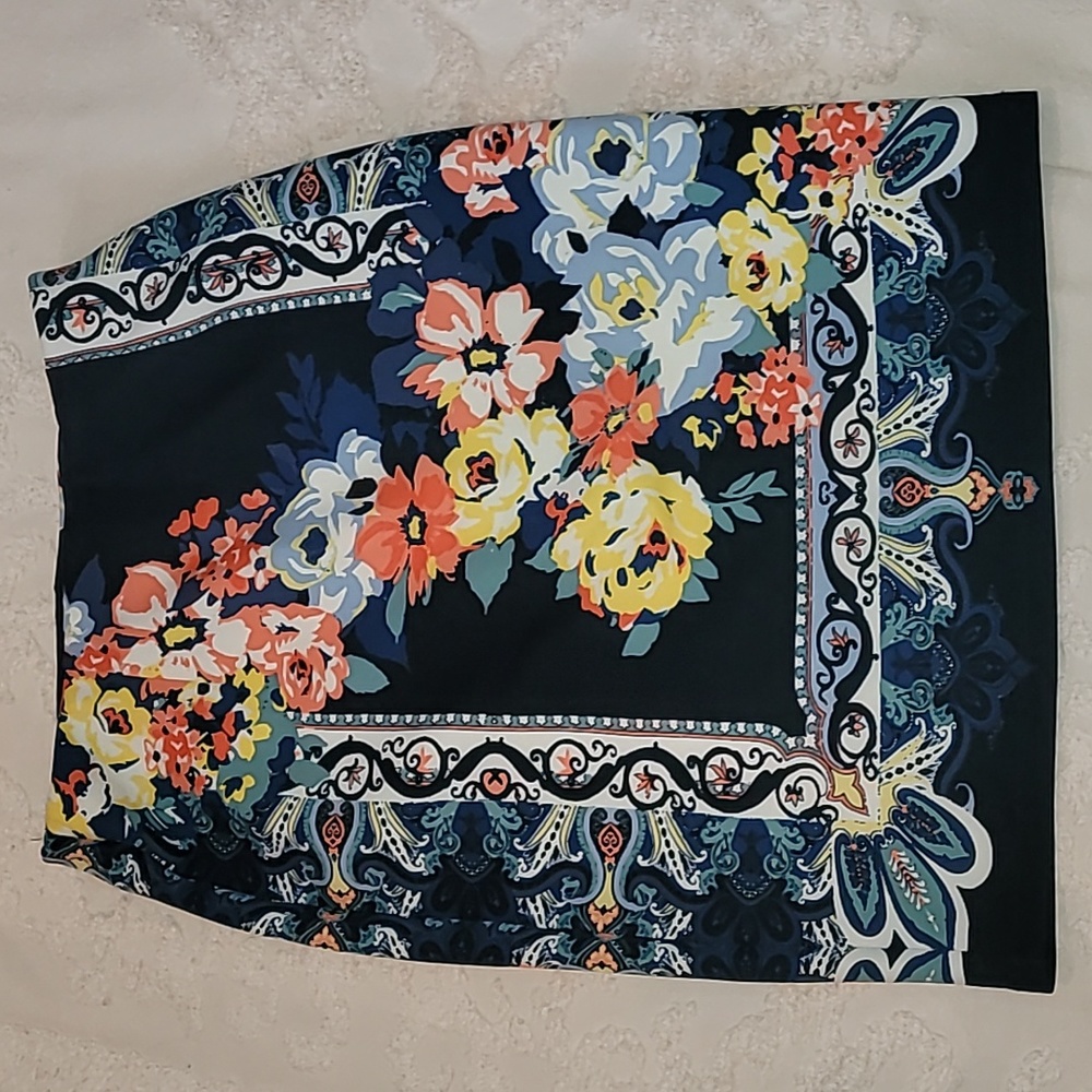 Cato Navy Floral Paisley Border Print Pencil Skirt Boho Stretch M